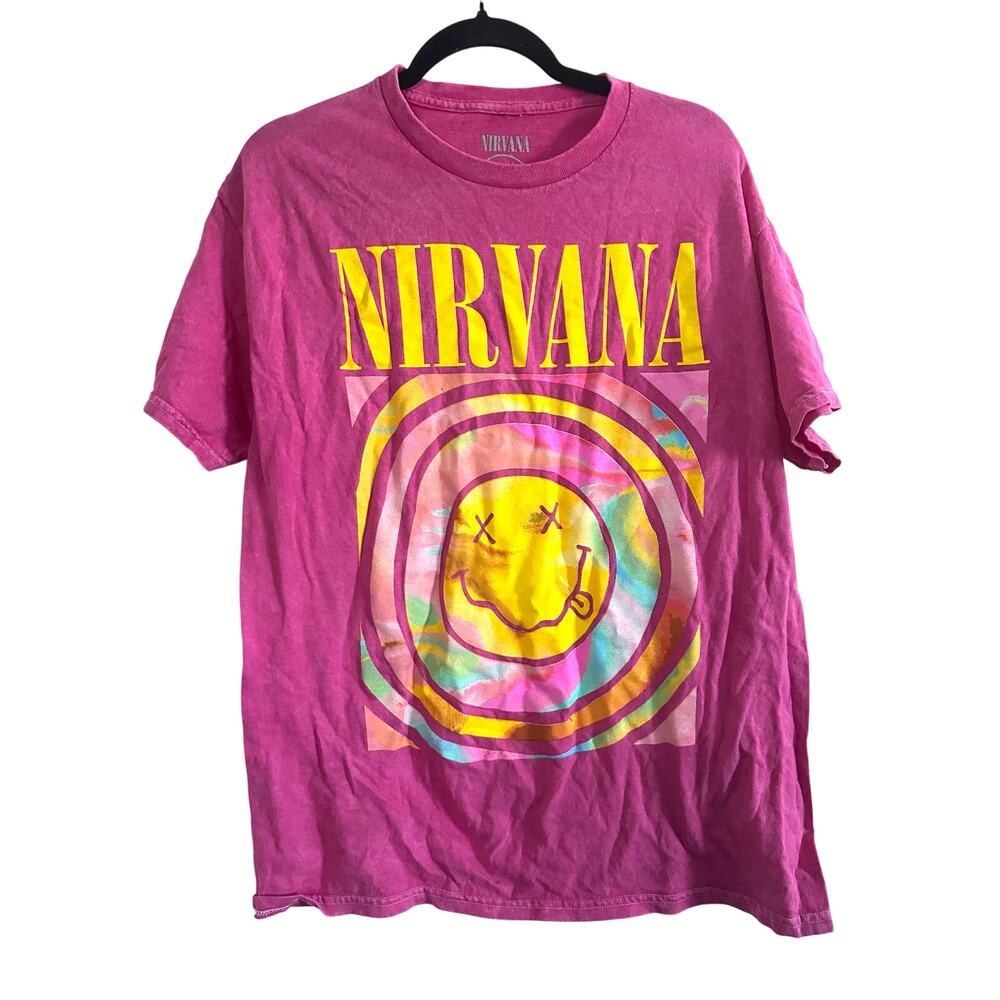 NIRVANA Smiley Face Pink Licensed Vintage-Look Tee - Unisex Sz Large - NWOT